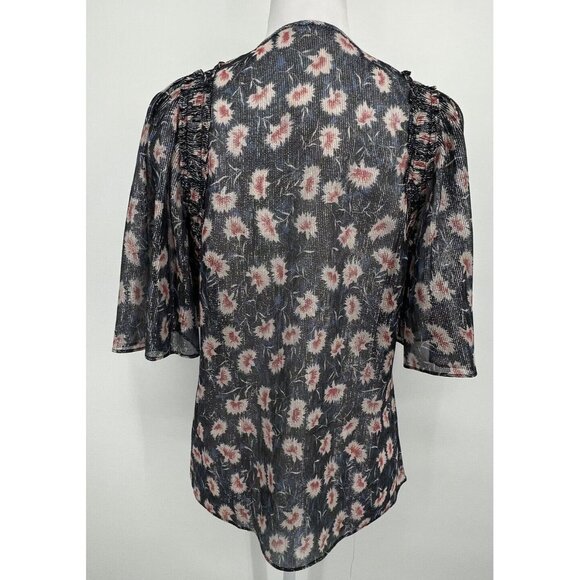 Rebecca Taylor Silk Top Flutter Sleeve Size S Floral Sheer Coquette Romantic - Picture 2 of 13